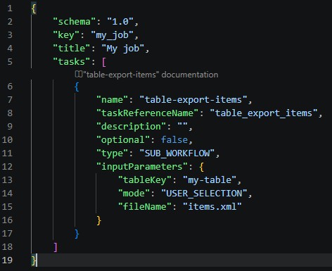 Screenshot of code lenses above tasks in a job.json file